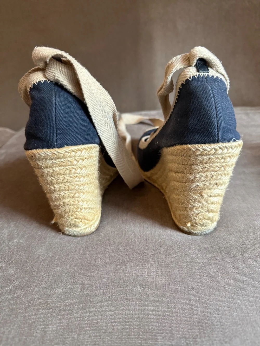 Tory Burch Navy Canvas Espadrilles with Beige Trim and Logo Medallion